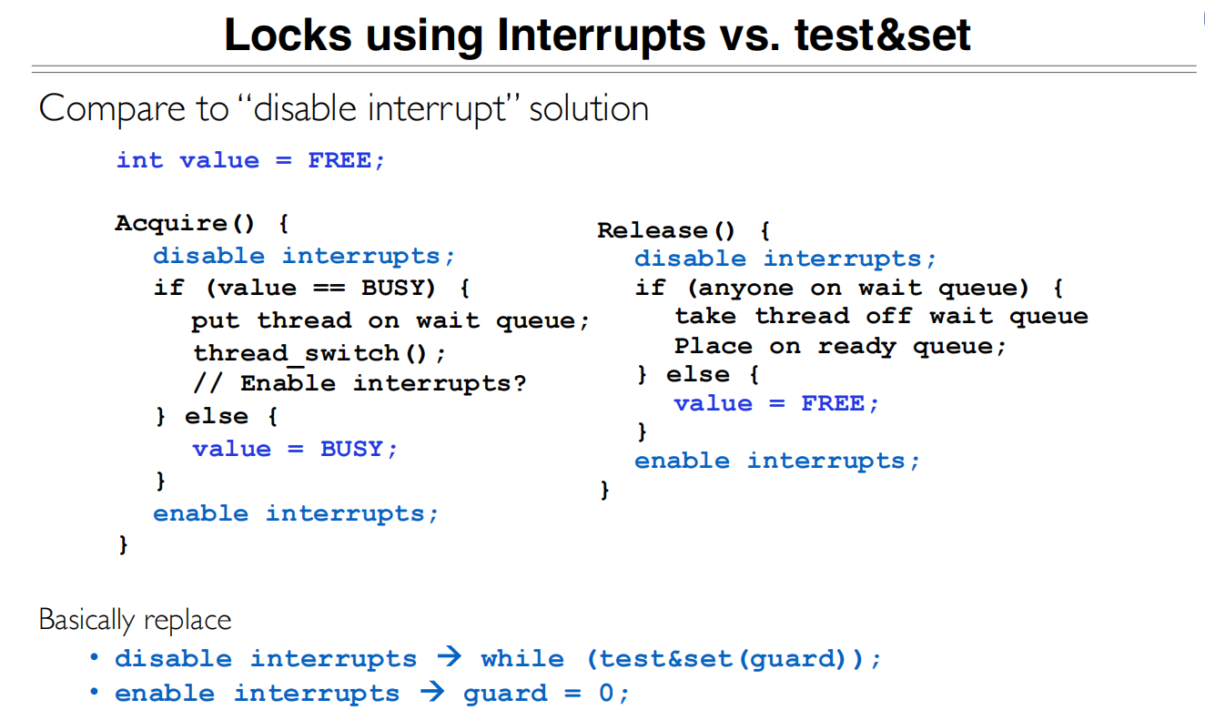 11 Lock and Condition Variables Implementation 中断开关和test&set锁的对比